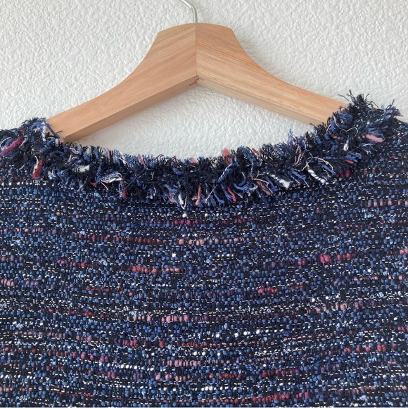 Zara Tweed Fringe Black Tunic Dress Small Bell Sleeves Deep V Neck Stich Colors - Picture 12 of 14